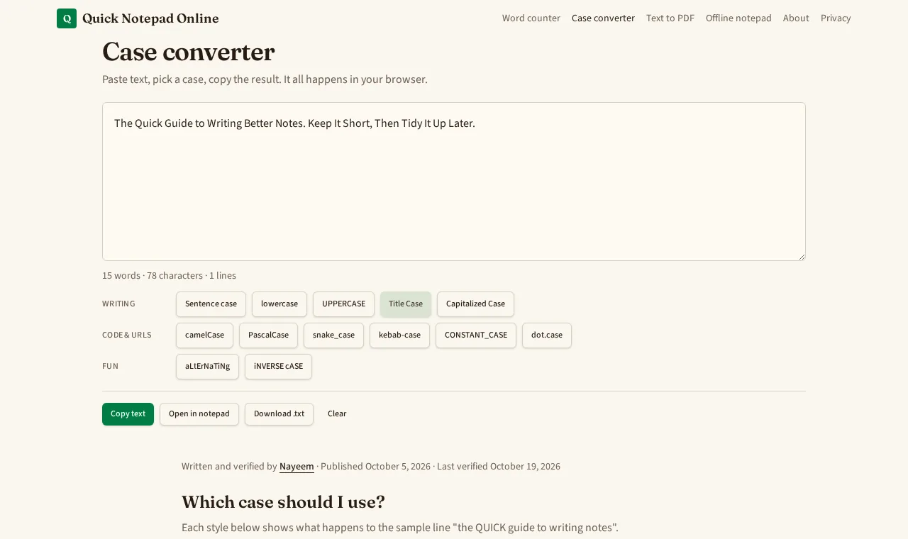 Case converter with the sample sentence converted to Title Case, buttons grouped into Writing, Code and URLs, and Fun, and Copy text and Open in notepad buttons below