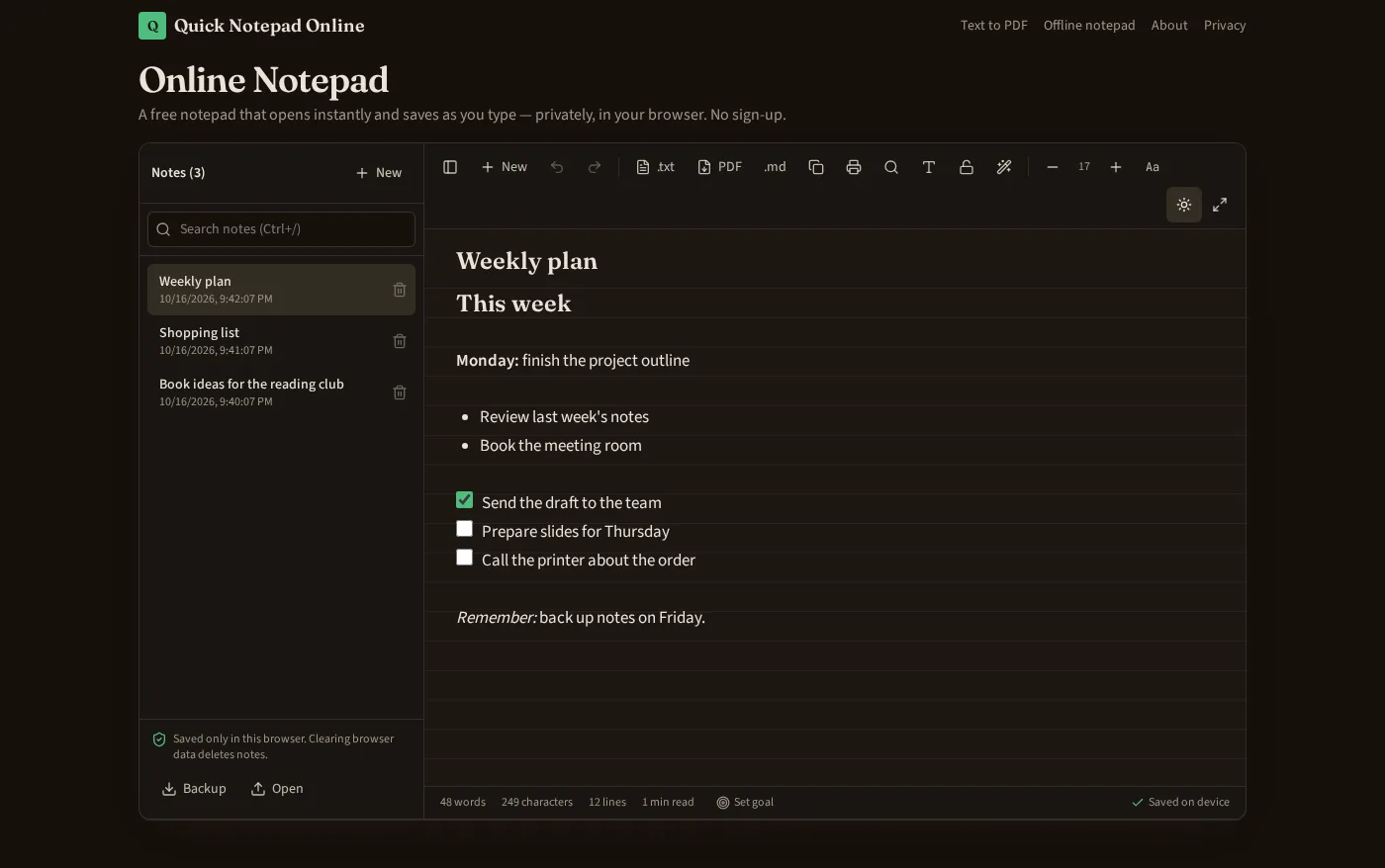 The same formatted note shown in dark mode, with light text on a dark background