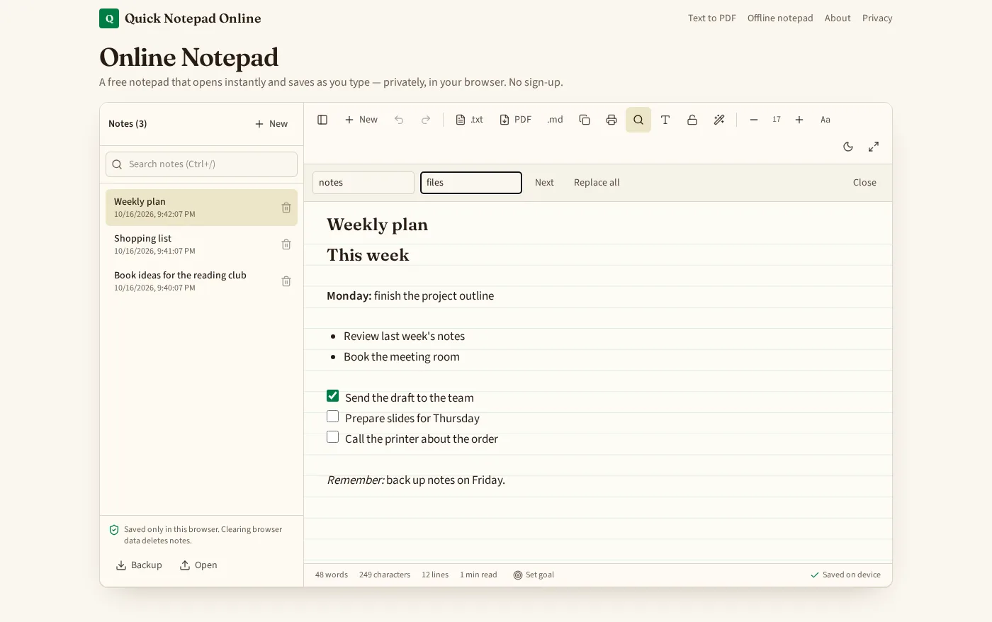 Find and replace bar open above a note, searching for 'notes' and replacing it with 'files'