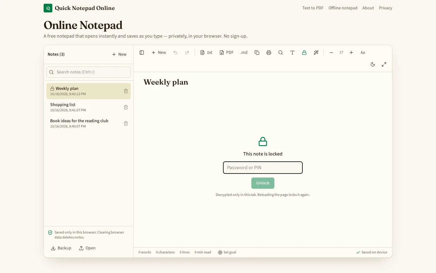 A locked note after reloading the page: the text is hidden and a password box with an Unlock button is shown; the note has a padlock in the notes list