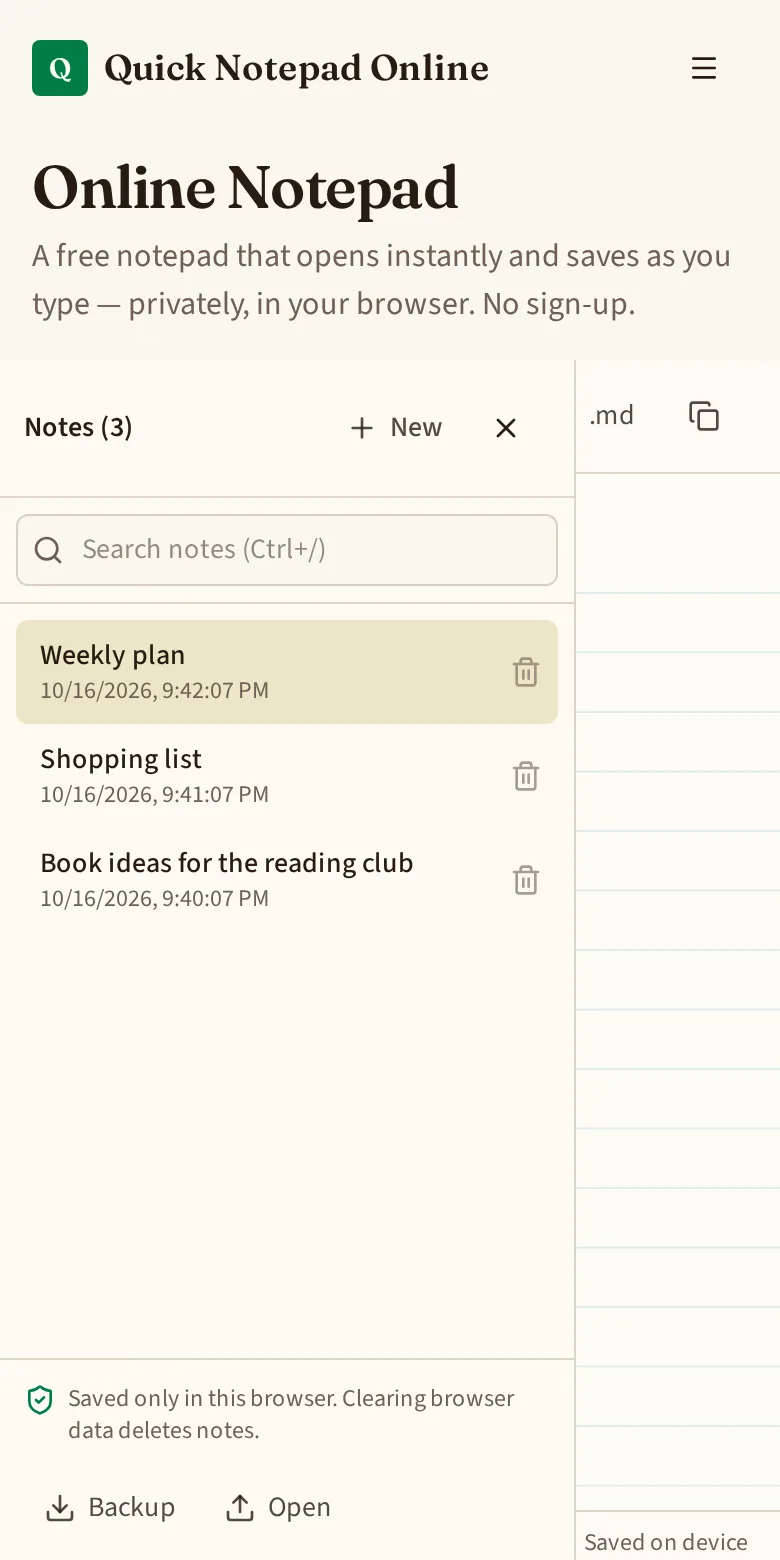 Notepad on a phone-sized screen with the notes list open, showing the search box, New and close (×) buttons and the Backup option