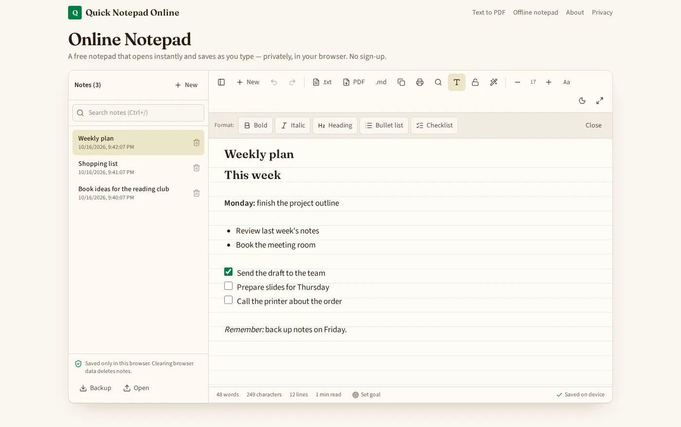 Quick Notepad Online on desktop: notes list with search box on the left, and a weekly plan note with a bold label, bullet list and checklist, with the formatting bar (Bold, Italic, Heading, Bullet list, Checklist) open