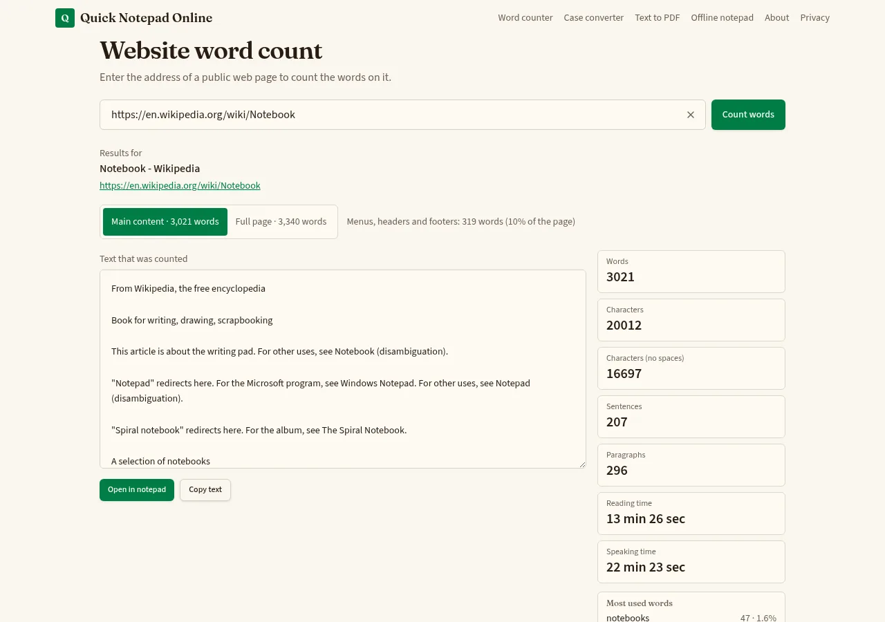 Website word count results for a Wikipedia article: main content and full page word tabs, the extracted text box, and statistics for words, characters, sentences and reading time