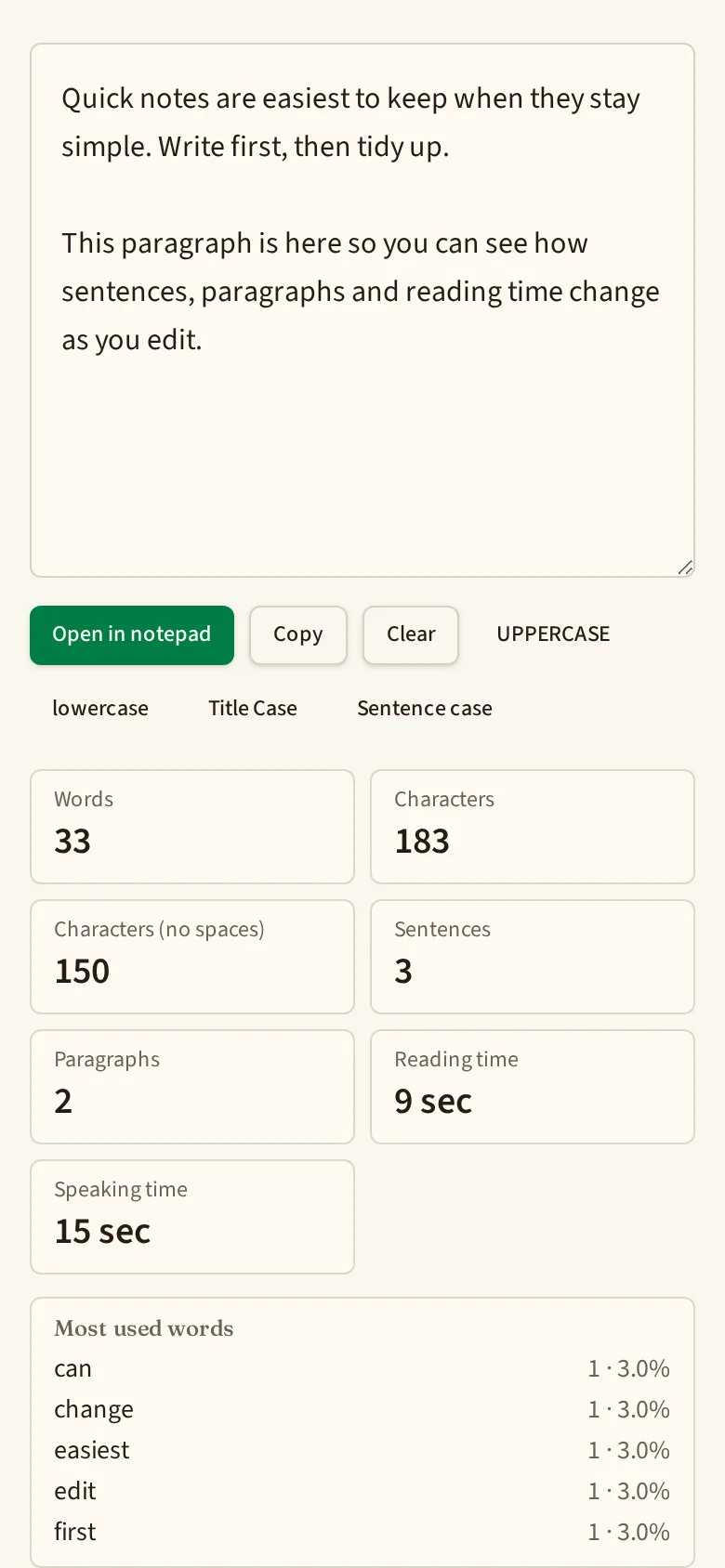Word counter on a phone with the case buttons under the text box and word, character, sentence and reading time counts in a two-column grid