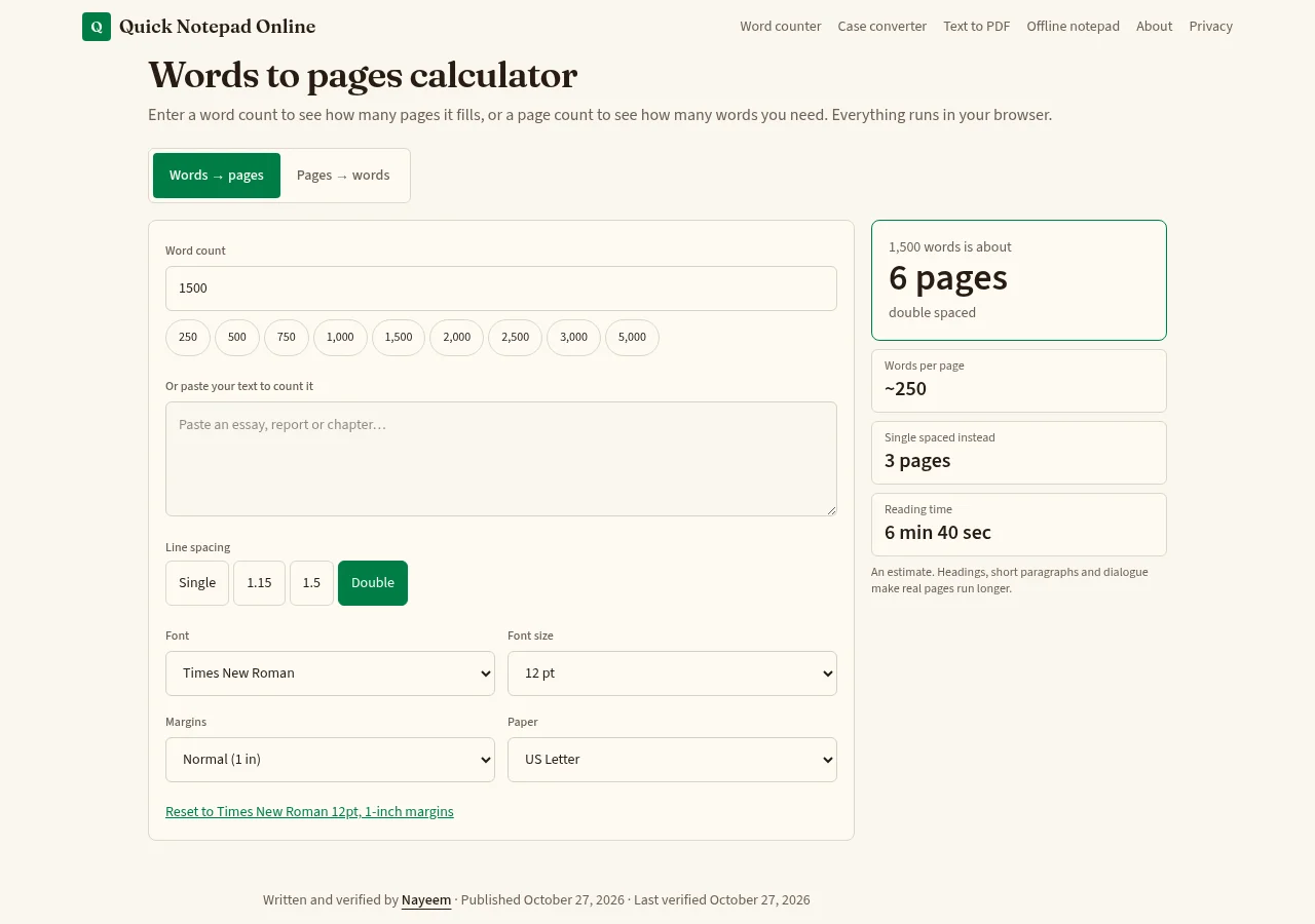 Words to pages calculator showing 1,500 words as about 6 pages double spaced, about 250 words per page, 3 pages if single spaced and 6 min 40 sec reading time